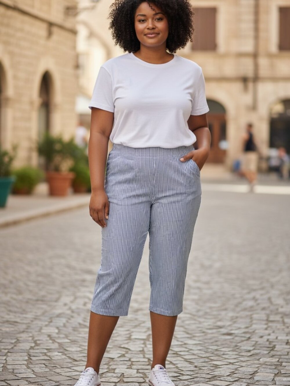 Southern Pants Crop Women’s Plus Size 20 W Stretch Blue White Seersucker Ankle